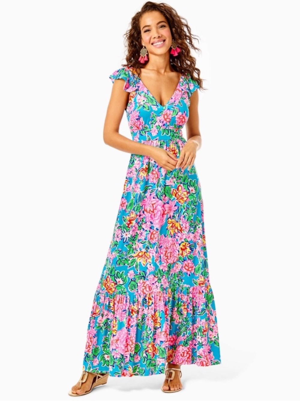 Lilly Pulitzer Vyra Ruffled Maxi Dress Jersey V-Neck Floral Pink Blue Size 6